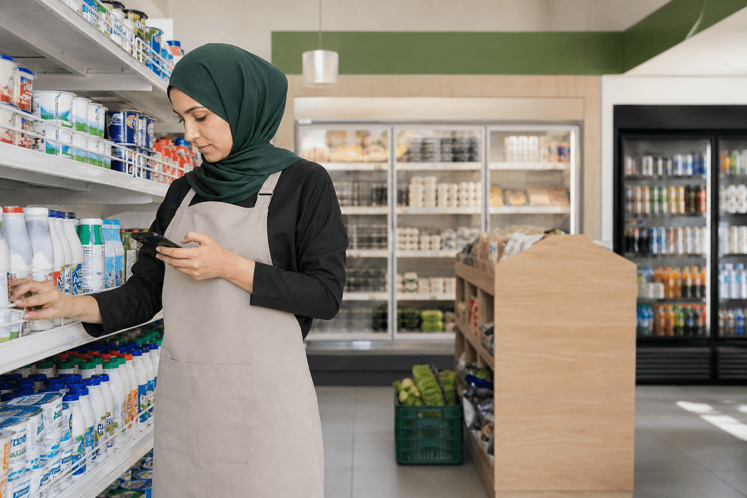 Responsable de magasin vérifiant son stock et commandant sur mobile