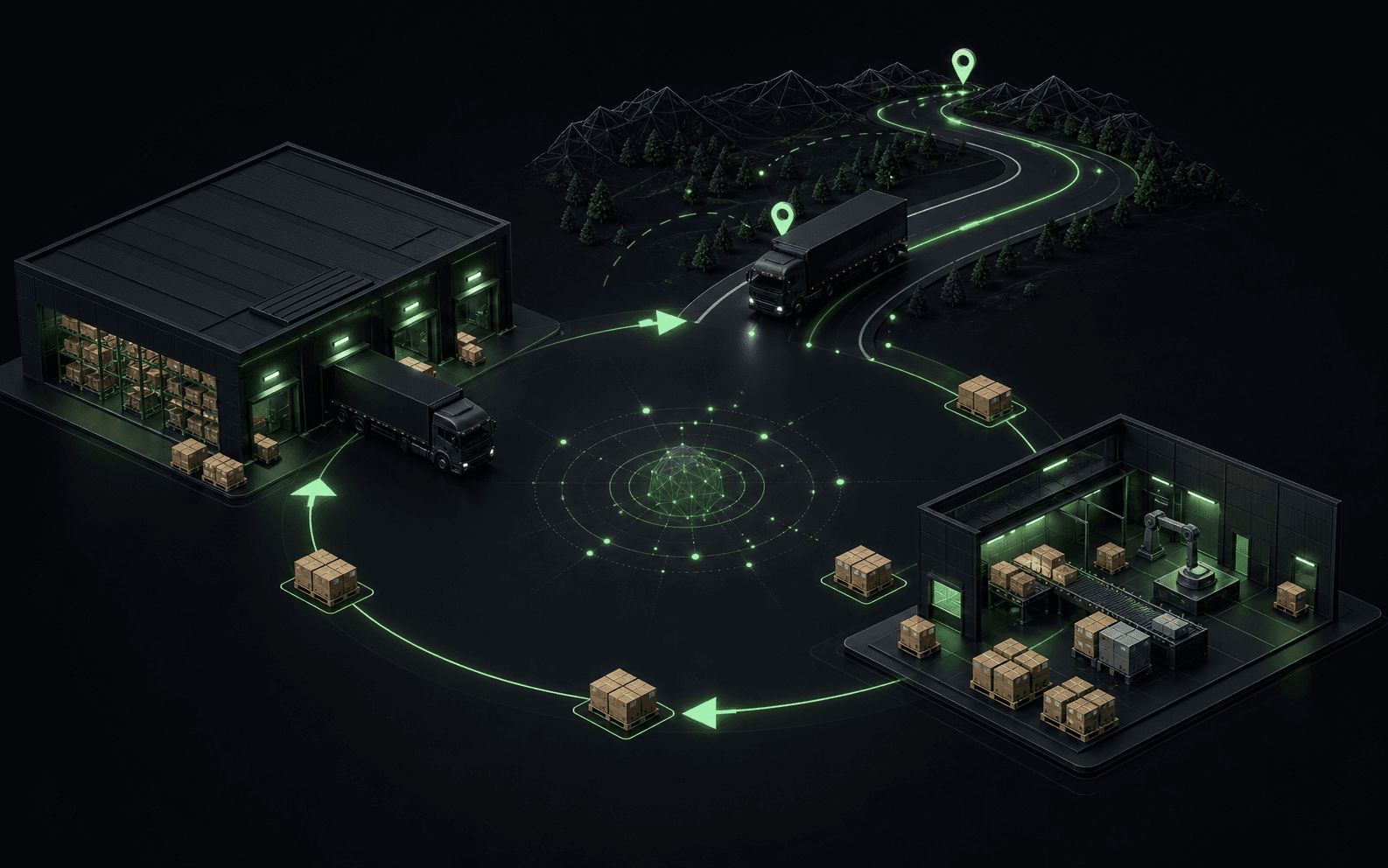 Boucle de stock, livraison et retours reliée par des flux logistiques