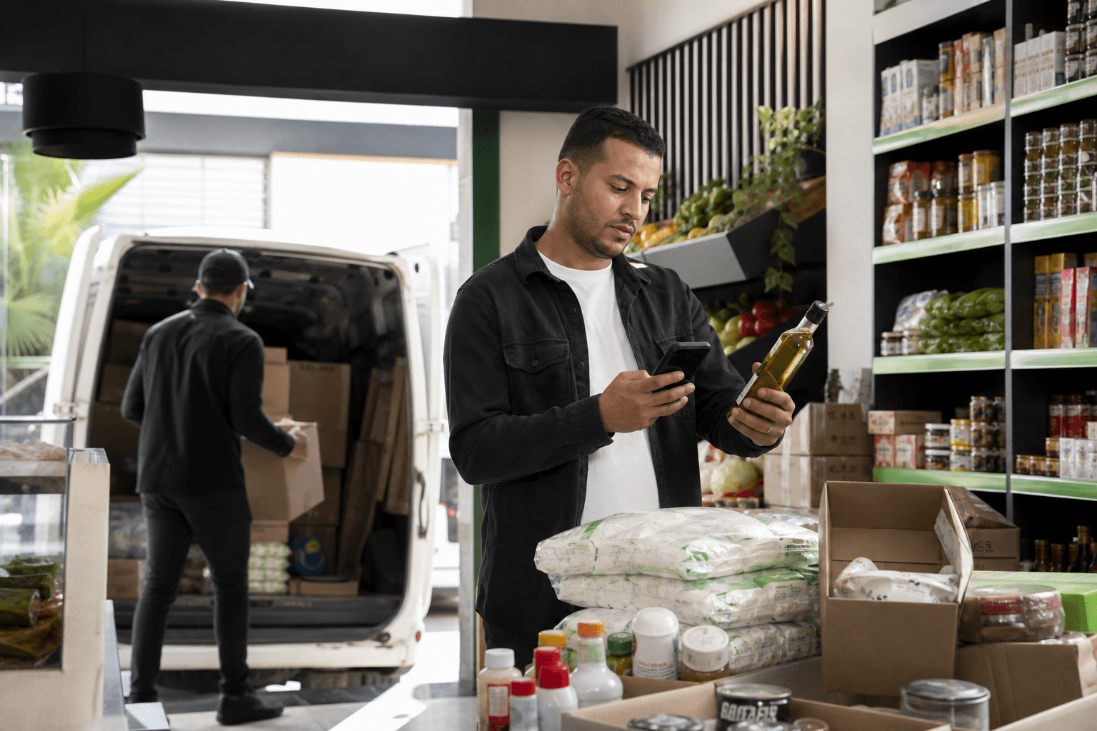 Responsable de magasin vérifiant une livraison FMCG avec sa commande mobile