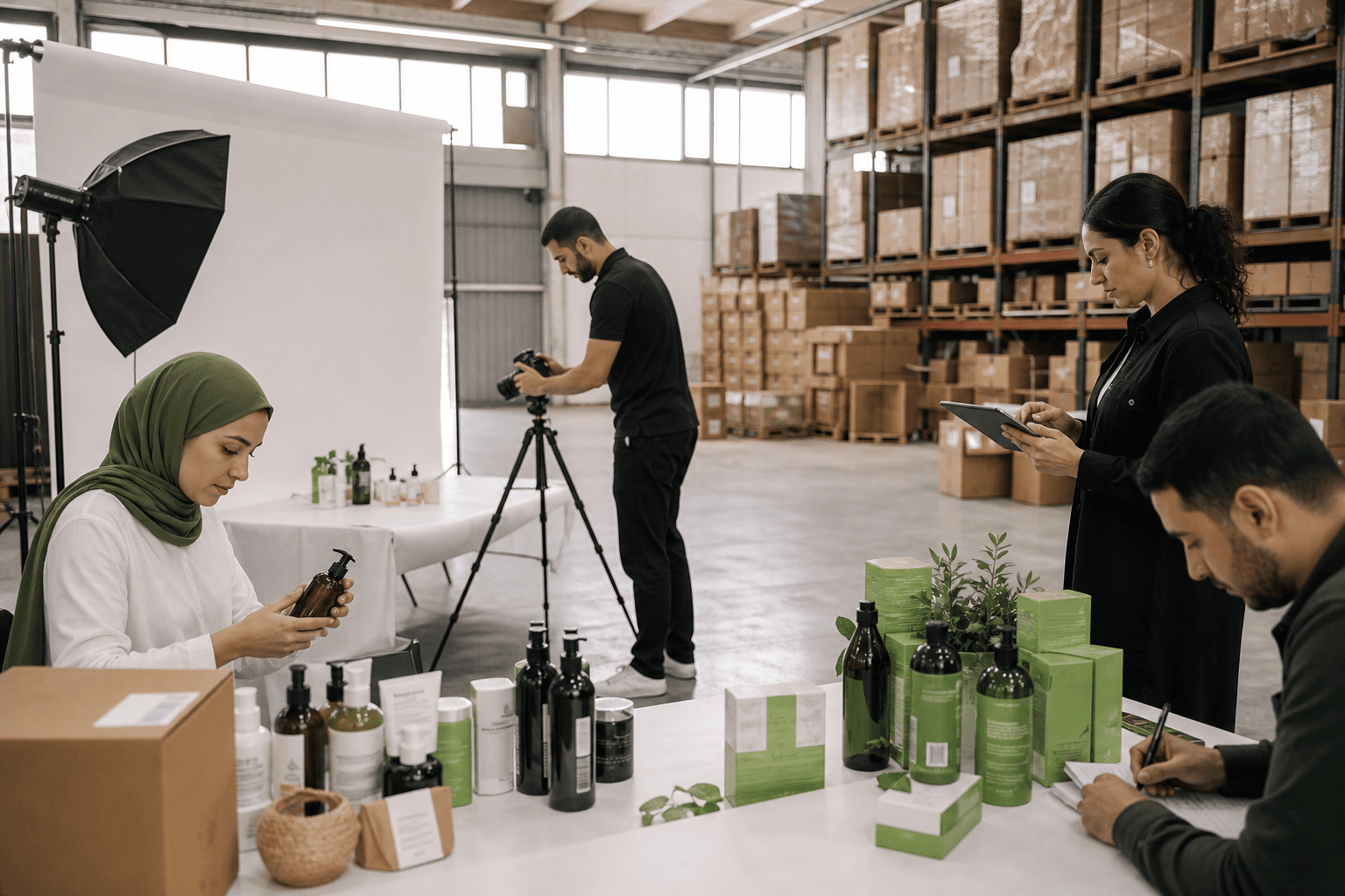 Équipe fournisseur préparant les produits et médias d'un catalogue numérique