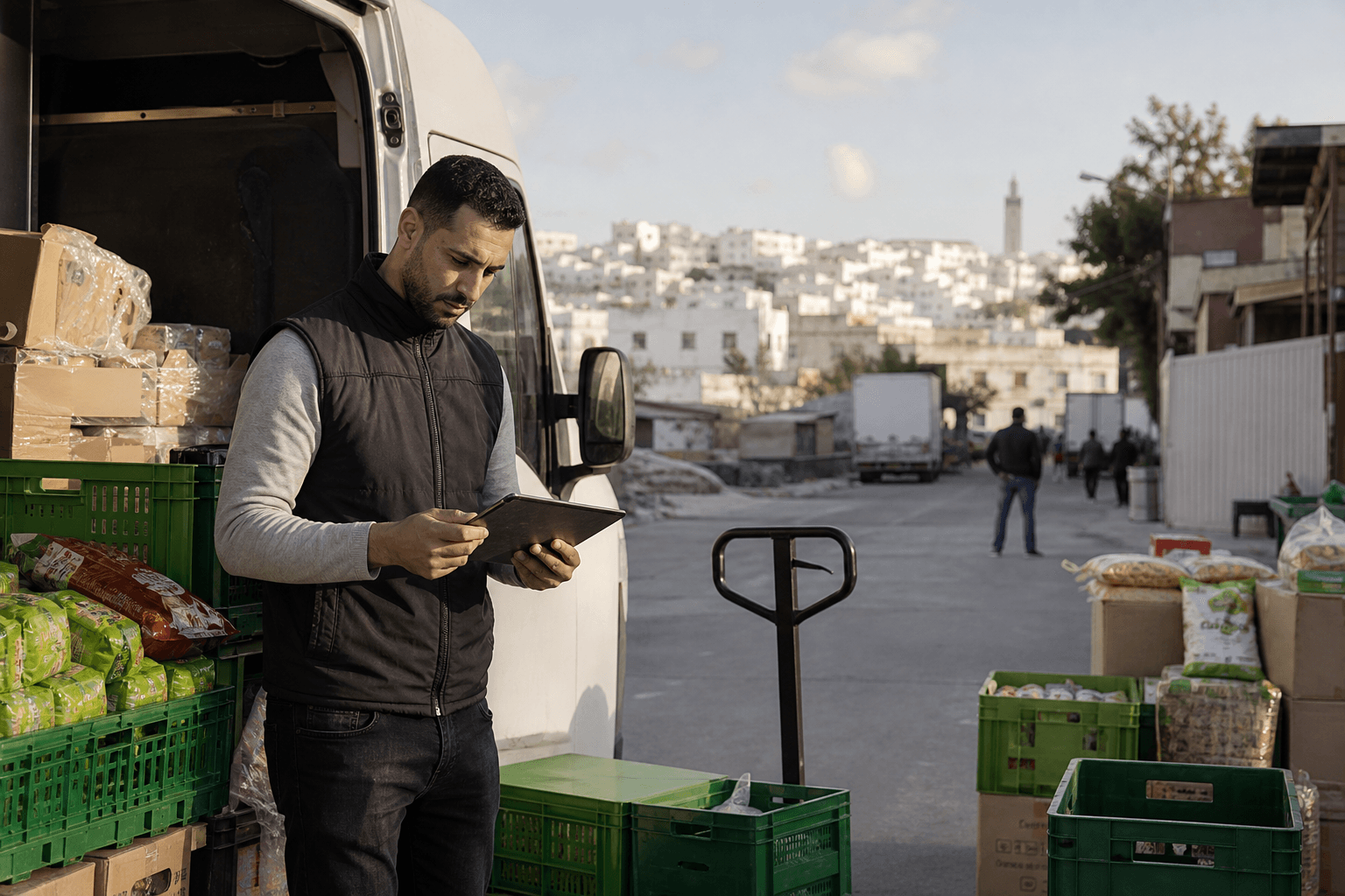 Commercial préparant une tournée de distribution régionale au Maroc